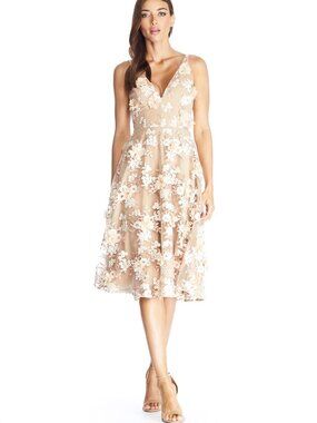 Dress The Population Elisa Dusty Pink Multi Floral Embroidered Midi Dress Size S